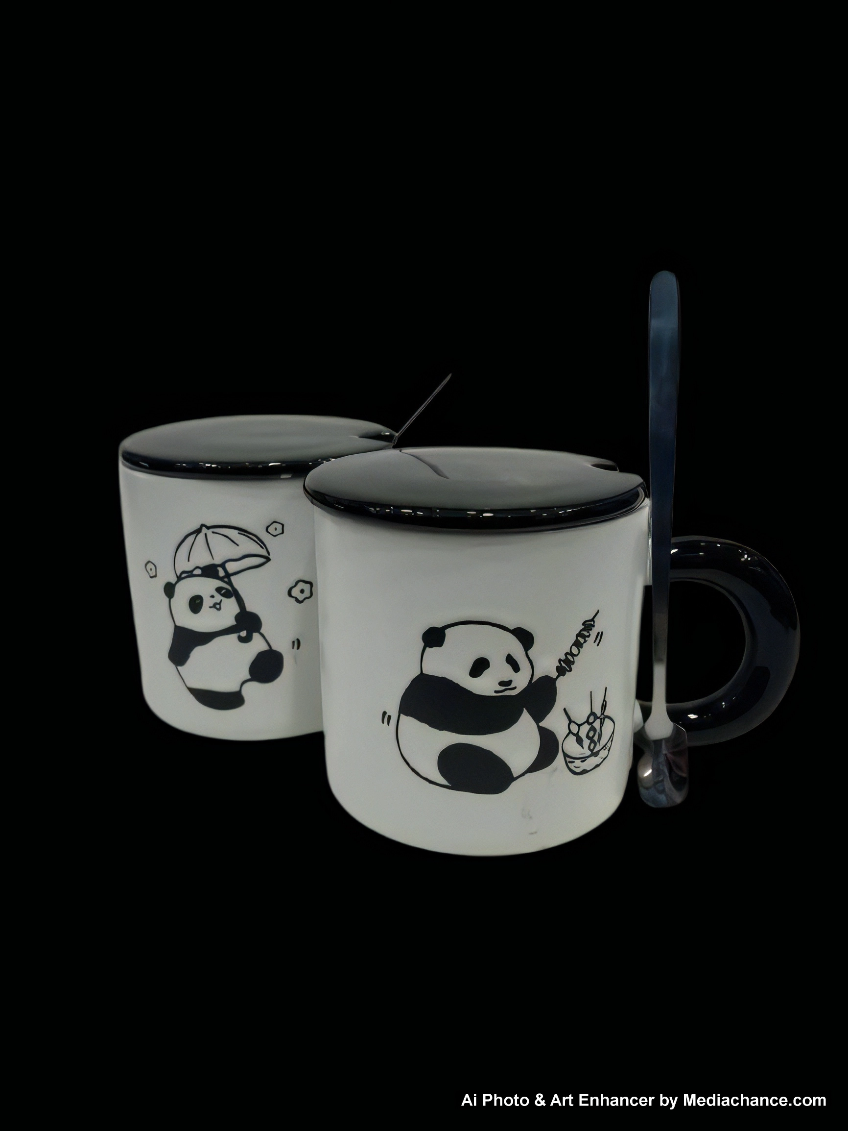 ماگ پاندا دسته و در مشکی قاشق دار